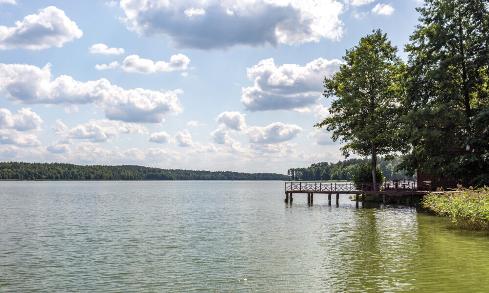 A serene view of Lake Acworth with calm waters, a wooden dock, and tree-lined shores, highlighting the beautiful natural scenery near this senior living community in Acworth, GA.