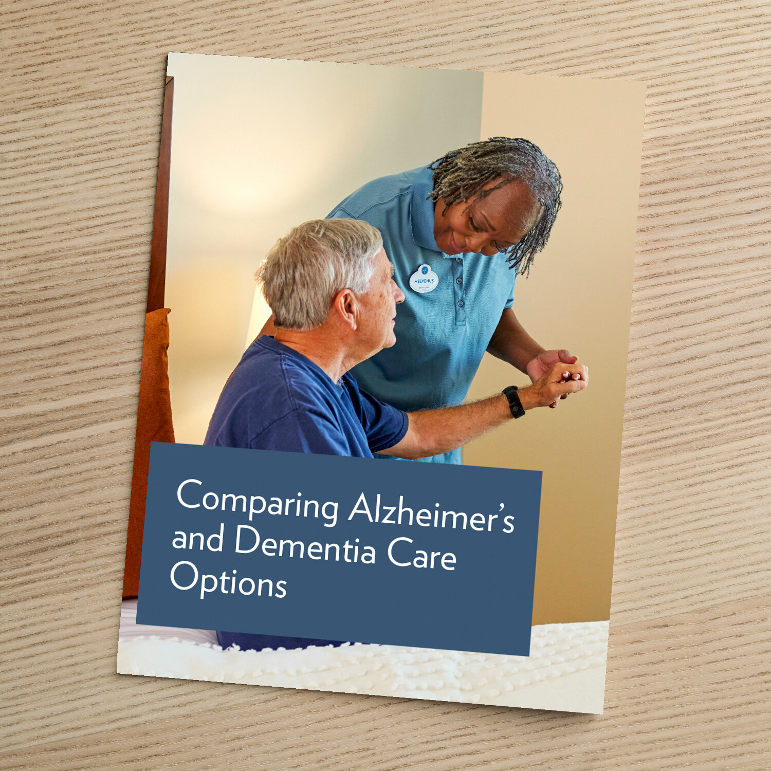 Cover of a guide titled 'Comparing Alzheimer's and Dementia Care Options,' showing a caregiver gently assisting a seated older man in a bedroom setting.