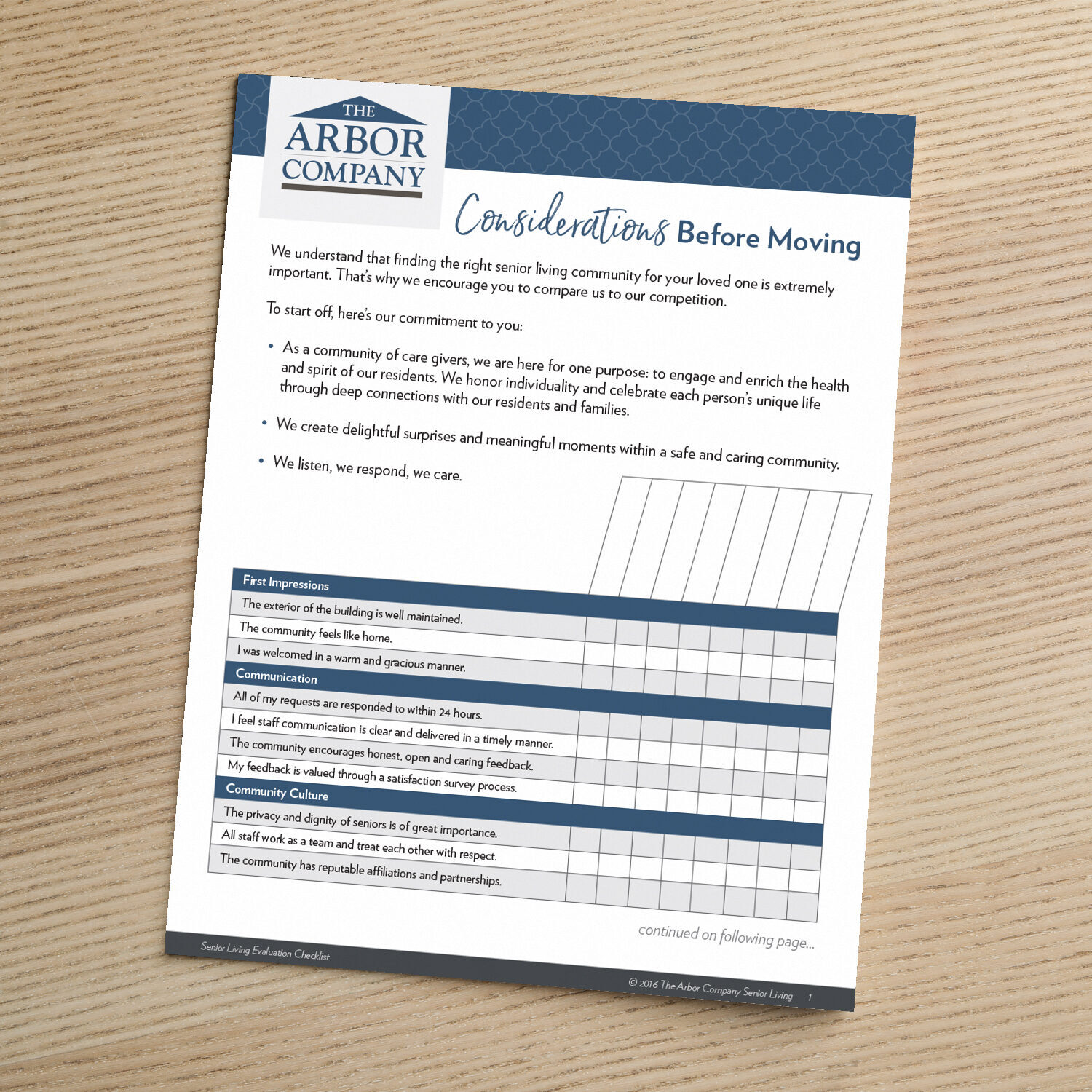 The Arbor Company document titled 'Considerations Before Moving,' featuring introductory text and a comparison checklist with categories like First Impressions, Communication, and Community Culture.