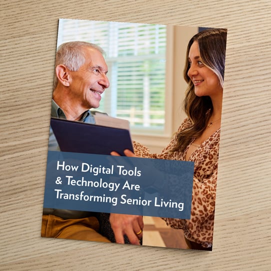 A brochure cover titled 'How Digital Tools &amp; Technology Are Transforming Senior Living,' featuring an older man and a younger woman smiling while looking at a tablet together.
