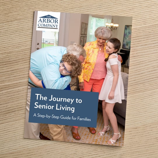 Cover of The Arbor Company guide titled "The Journey to Senior Living: A Step-by-Step Guide for Seniors," featuring an older couple toasting with wine glasses over a meal.