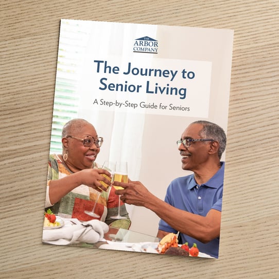 Cover of The Arbor Company guide titled "The Journey to Senior Living: A Step-by-Step Guide for Seniors," featuring an older couple toasting with wine glasses over a meal.