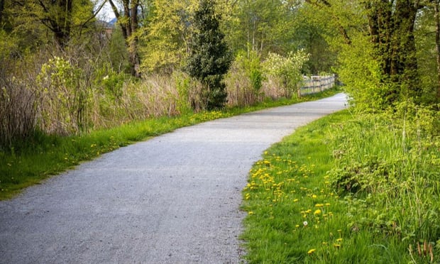 A scenic paved walking trail winds through lush greenery along a peaceful greenway, highlighting the walkable senior living in Sandy Springs, GA and Dunwoody, GA.