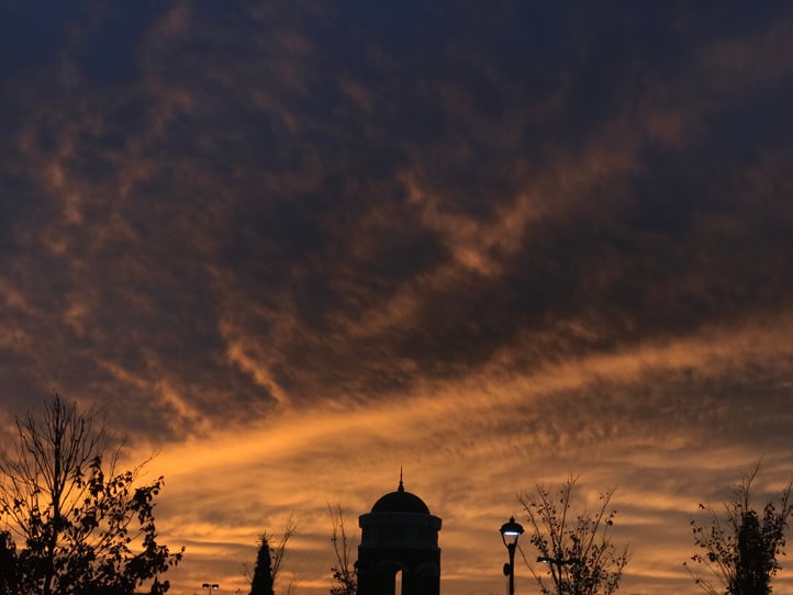 A dramatic dusk sky over the Bowie, MD area, a familiar destination for shopping, dining, and outings for residents of this senior living community in Lanham, MD.