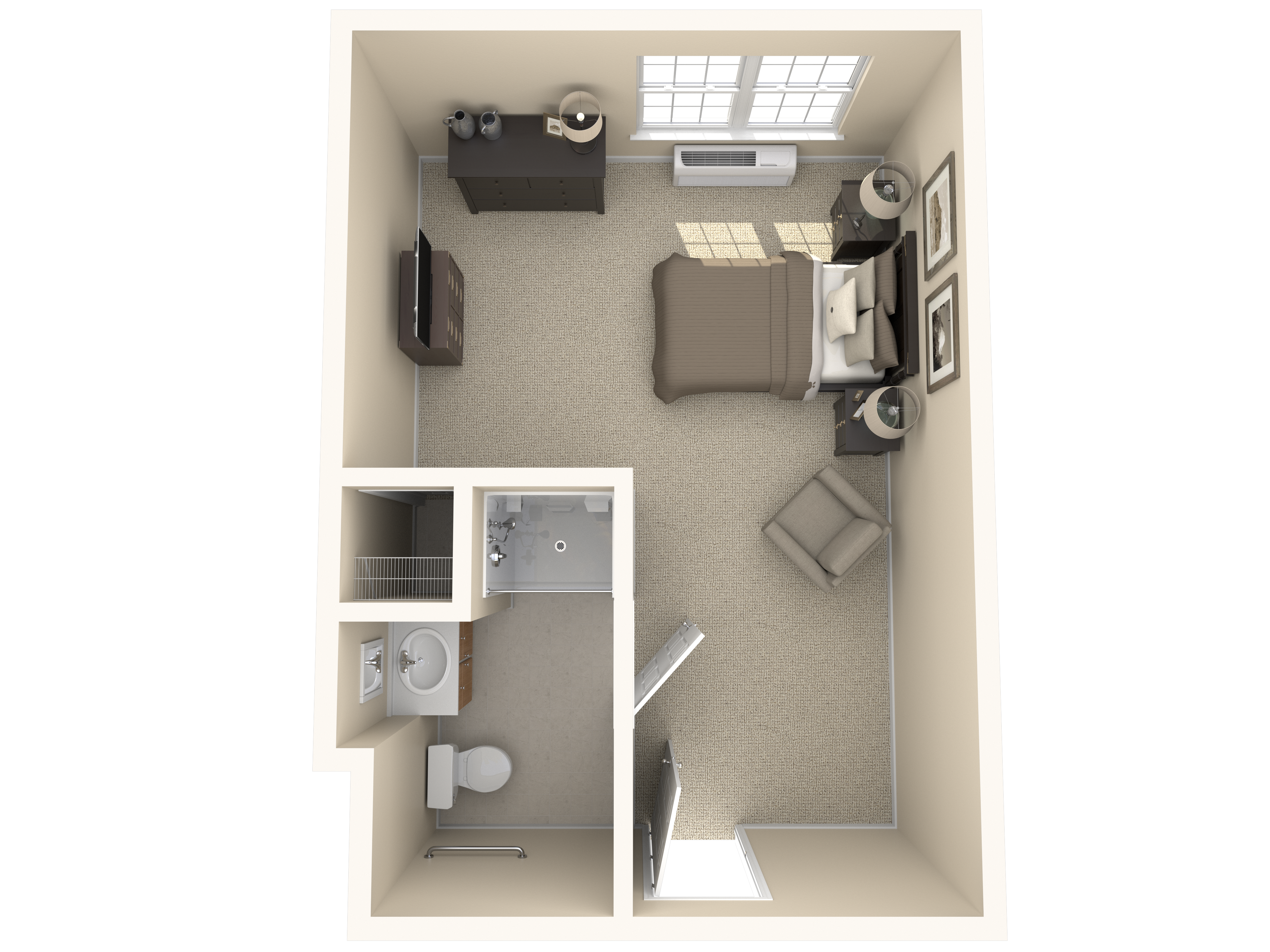 Floor plan of a memory care studio with one bathroom at this specialized memory care community in Lanham, MD, thoughtfully designed for residents' safety and comfort.