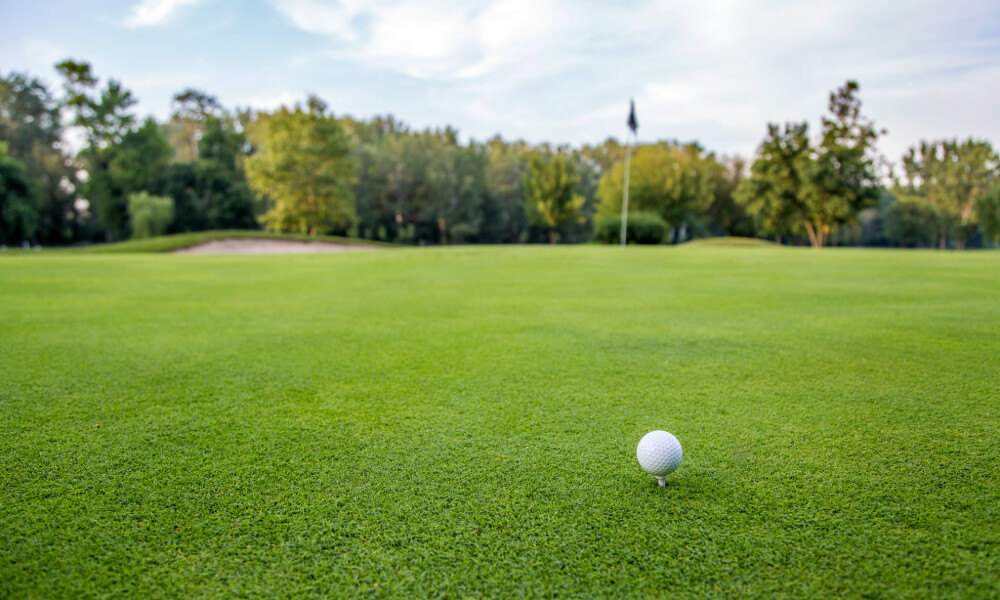 A golf ball resting on a lush green fairway with a flag in the distance under an open sky — the kind of recreation minutes from senior living near Hamilton Mill Golf Club, Dacula GA.