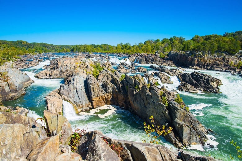 The dramatic rocky overlooks of Great Falls Park showcase the Potomac River's natural beauty near Arbor Terrace Herndon, a senior living Herndon Virginia community offering independent living Herndon VA within easy reach of this scenic area.