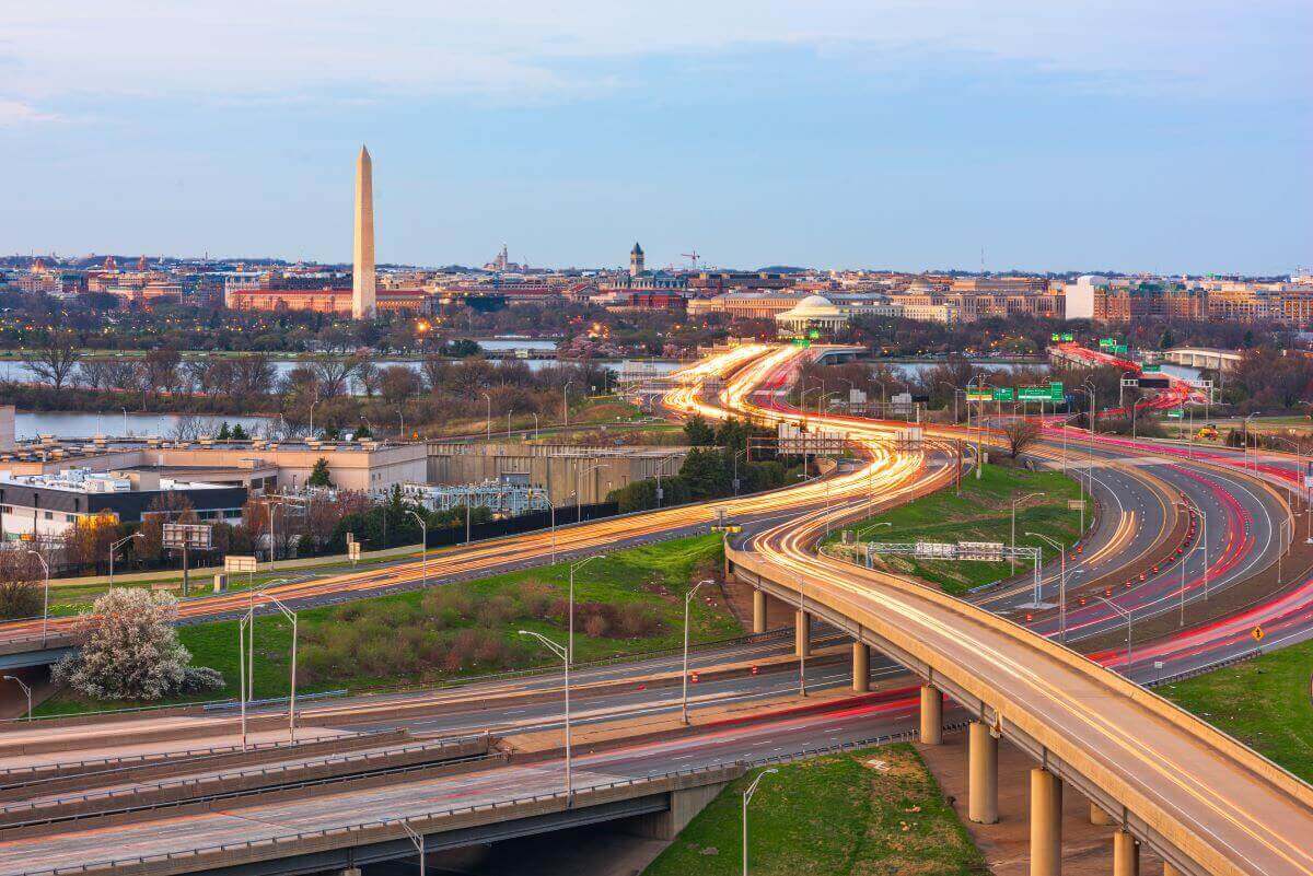 An aerial view of the greater Herndon, Virginia area at dusk, showcasing the dynamic surroundings and convenient location near independent senior living in Herndon, VA.