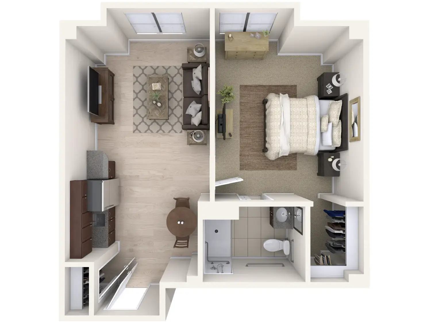 3D floor plan of an assisted living one bedroom apartment at Arbor Terrace Highland Park, showing a separate living room, bedroom and bathroom at this senior living community in Highland Park, IL.