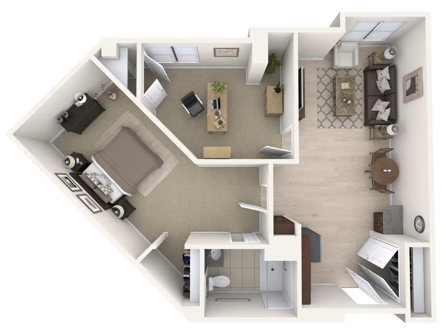 3D floor plan of an assisted living one bedroom deluxe apartment at Arbor Terrace Highland Park, showing a living room, dining area, bedroom and bathroom at this senior living community in Highland Park, IL.