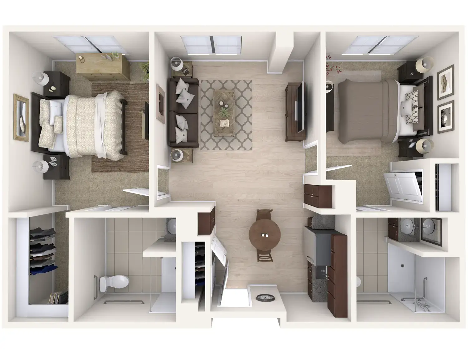 3D floor plan of an assisted living two bedroom apartment at Arbor Terrace Highland Park, showing two bedrooms, two bathrooms and a shared living space at this senior living community in Highland Park, IL.