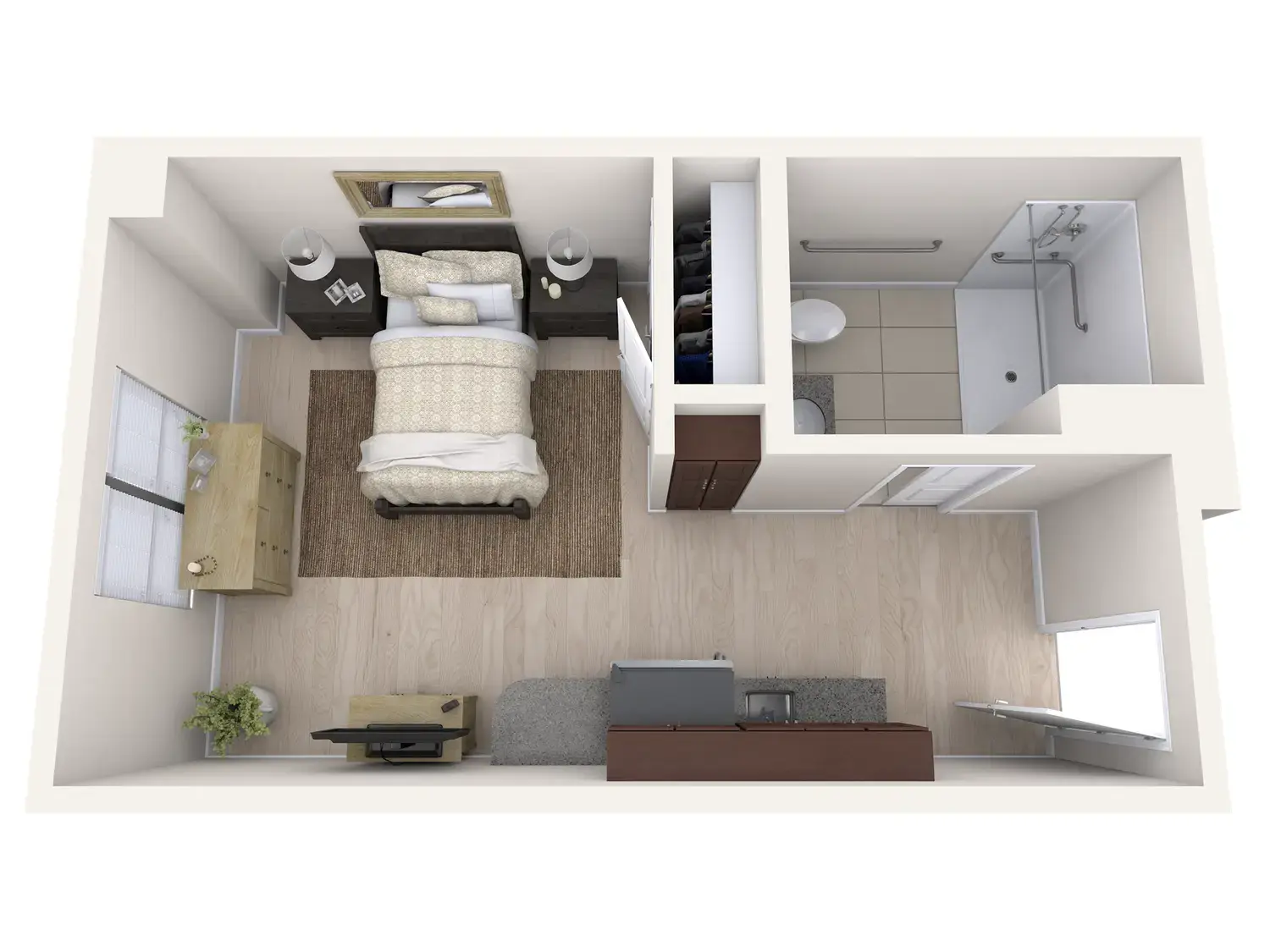 3D floor plan of an bridges studio apartment at Arbor Terrace Highland Park, showing a bedroom, bathroom and living area at this senior living community in Highland Park, IL.