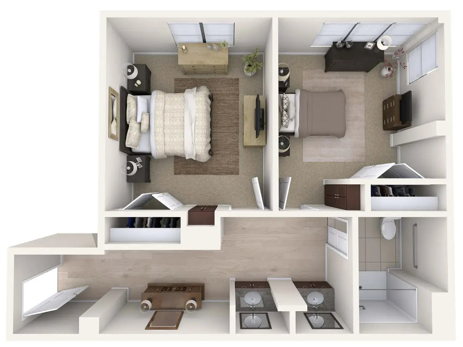 3D floor plan of a memory care shared suite at Arbor Terrace Highland Park, showing two bedroom areas, a shared living space and a bathroom at this senior living community in Highland Park, IL.