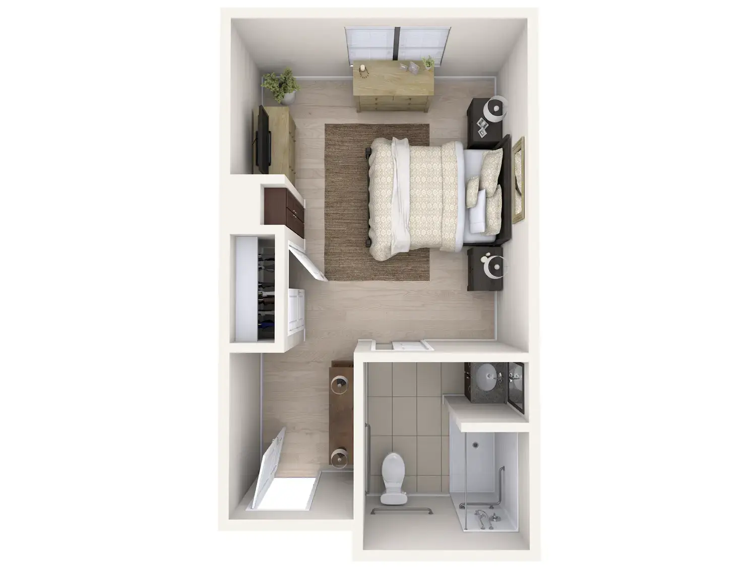 3D floor plan of a memory care studio apartment at Arbor Terrace Highland Park, showing a bedroom, bathroom and closet layout at this senior living community in Highland Park, IL.