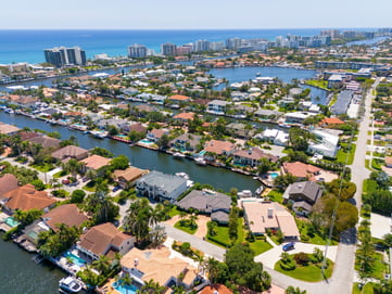 An aerial view of Delray Beach's colorful waterfront neighborhoods, a celebrated arts and dining destination near this retirement community in Lake Worth, FL.