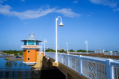 A peaceful waterfront pier along the Intracoastal Waterway in Lantana, a charming neighboring town just south of this senior living community in Lake Worth, FL.
