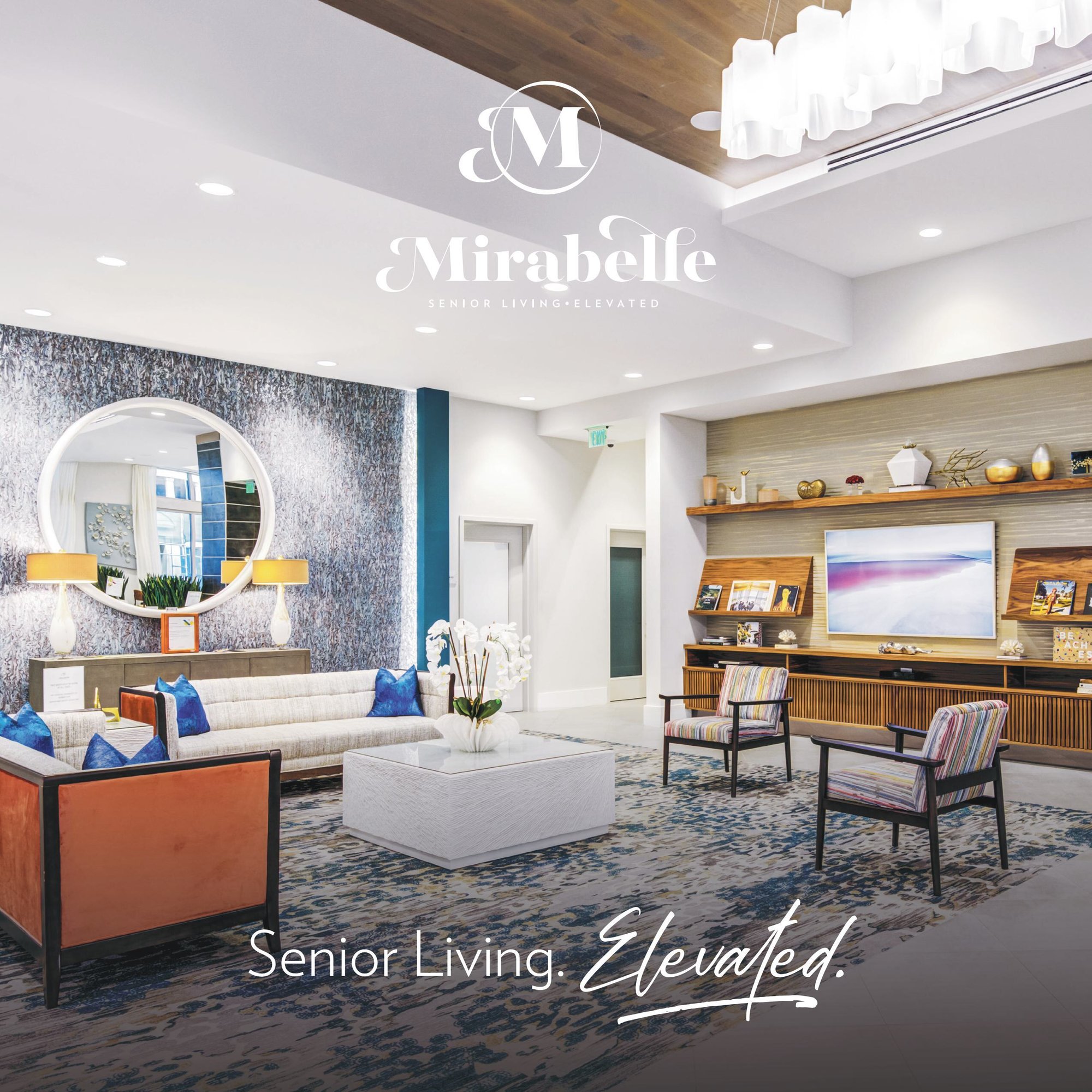 The Mirabelle Dadeland digital brochure cover featuring a beautifully appointed common area, inviting families to explore premier independent living with amenities in Miami, FL.