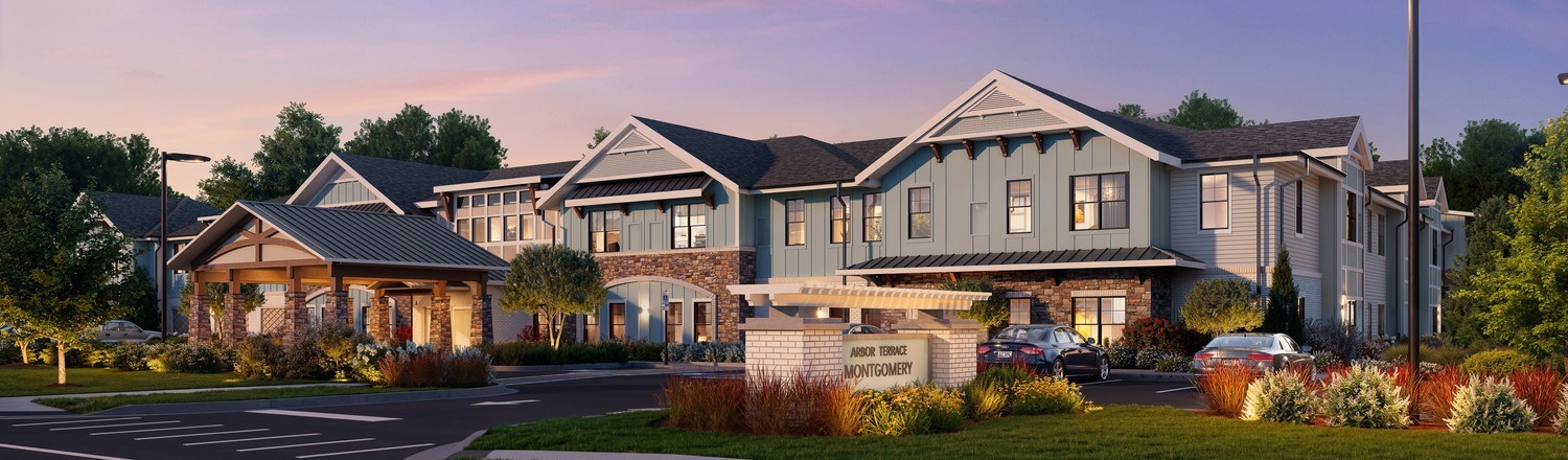 An exterior rendering of Arbor Terrace Montgomery at dusk, showcasing the welcoming architecture and landscaped entrance of this senior living community in Skillman NJ.