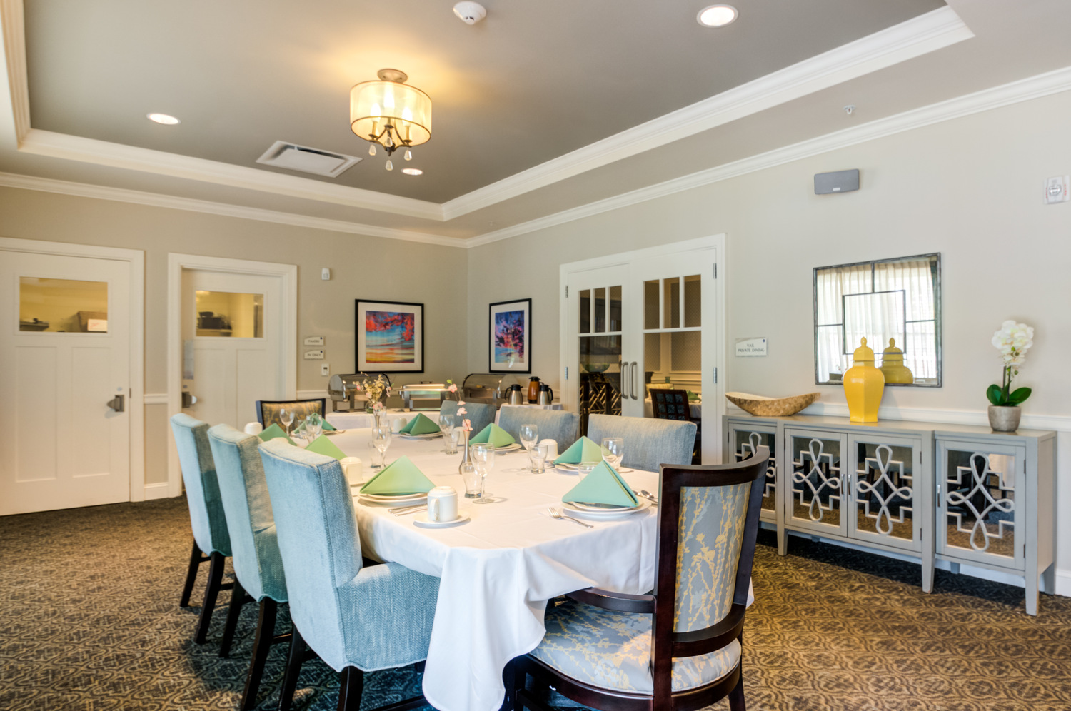 Elegant private dining room at Arbor Terrace Morris Plains, a senior living community in New Jersey, offering a cozy space for intimate meals and gatherings.