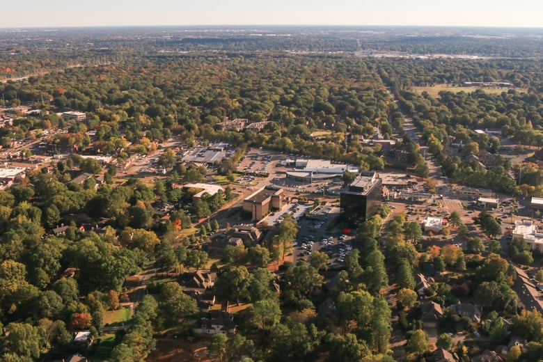 An aerial view of Germantown, TN, a neighboring community just east of Opus East Memphis, offering easy access for residents and visiting families of this senior living community in Memphis, TN.