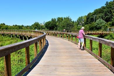 A wooden boardwalk winds through green wetlands with a person strolling along the railing, reflecting the accessible, nature-access senior living Woodbridge trails found near senior living Woodbridge VA.