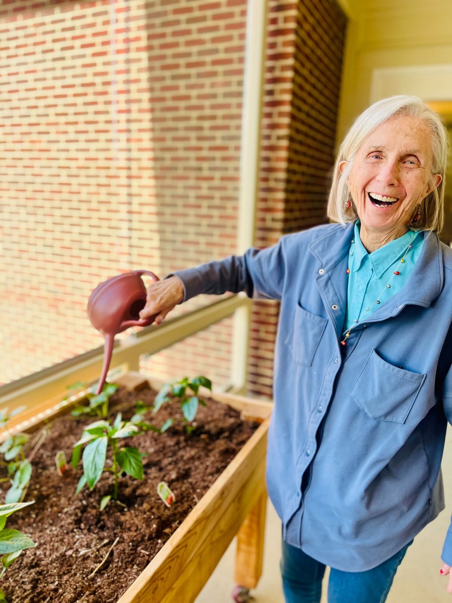 A resident waters fresh vegetable plants in a raised garden bed on a sunny patio, embodying the nature-access senior living Woodbridge lifestyle and outdoor charm of this senior community near Prince William Forest Park.