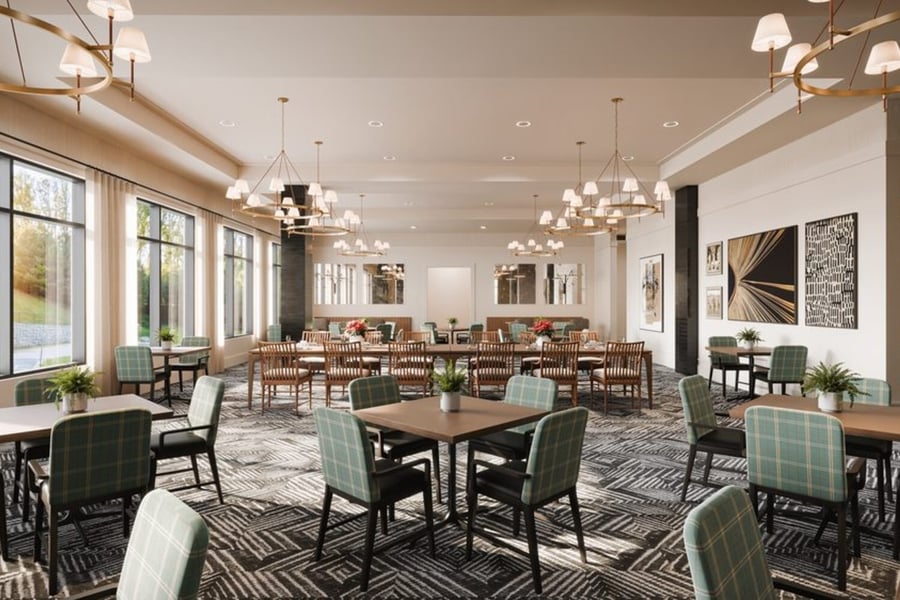 The future dining room at Arbor Terrace Sandy Springs, senior living just outside Atlanta, GA.