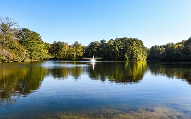 A serene lake with a central fountain and lush tree reflections near Suwanee, GA, representing the peaceful natural surroundings close to Arbor Terrace South Forsyth senior living.