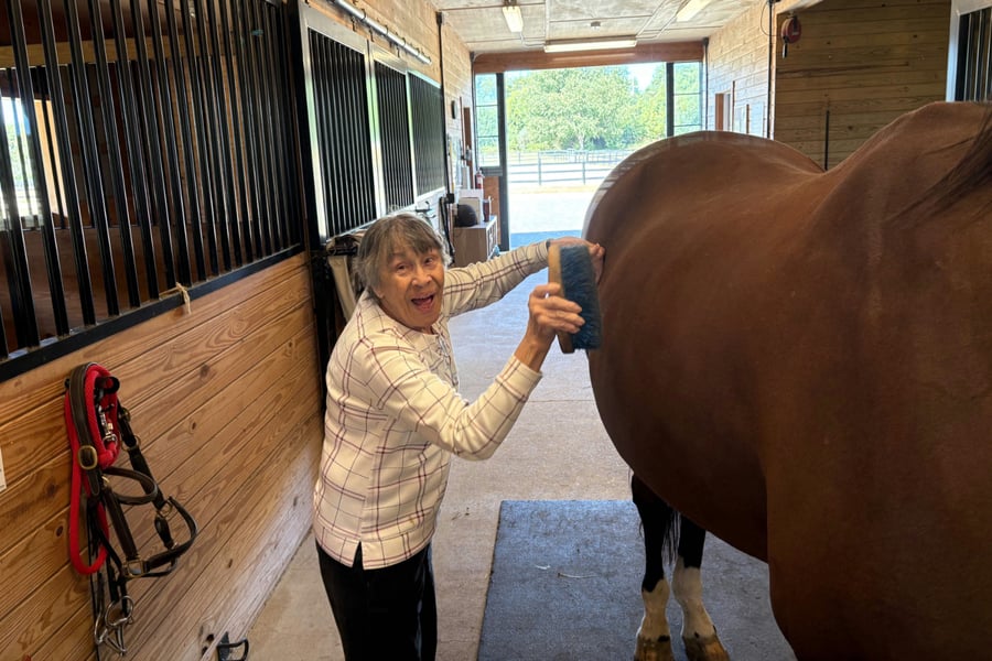 A joyful older woman in a plaid top brushes a brown horse inside a sunlit wooden stable, a playful moment that reflects wellness-focused senior living Manassas and the senior activities Northern Virginia has to offer.