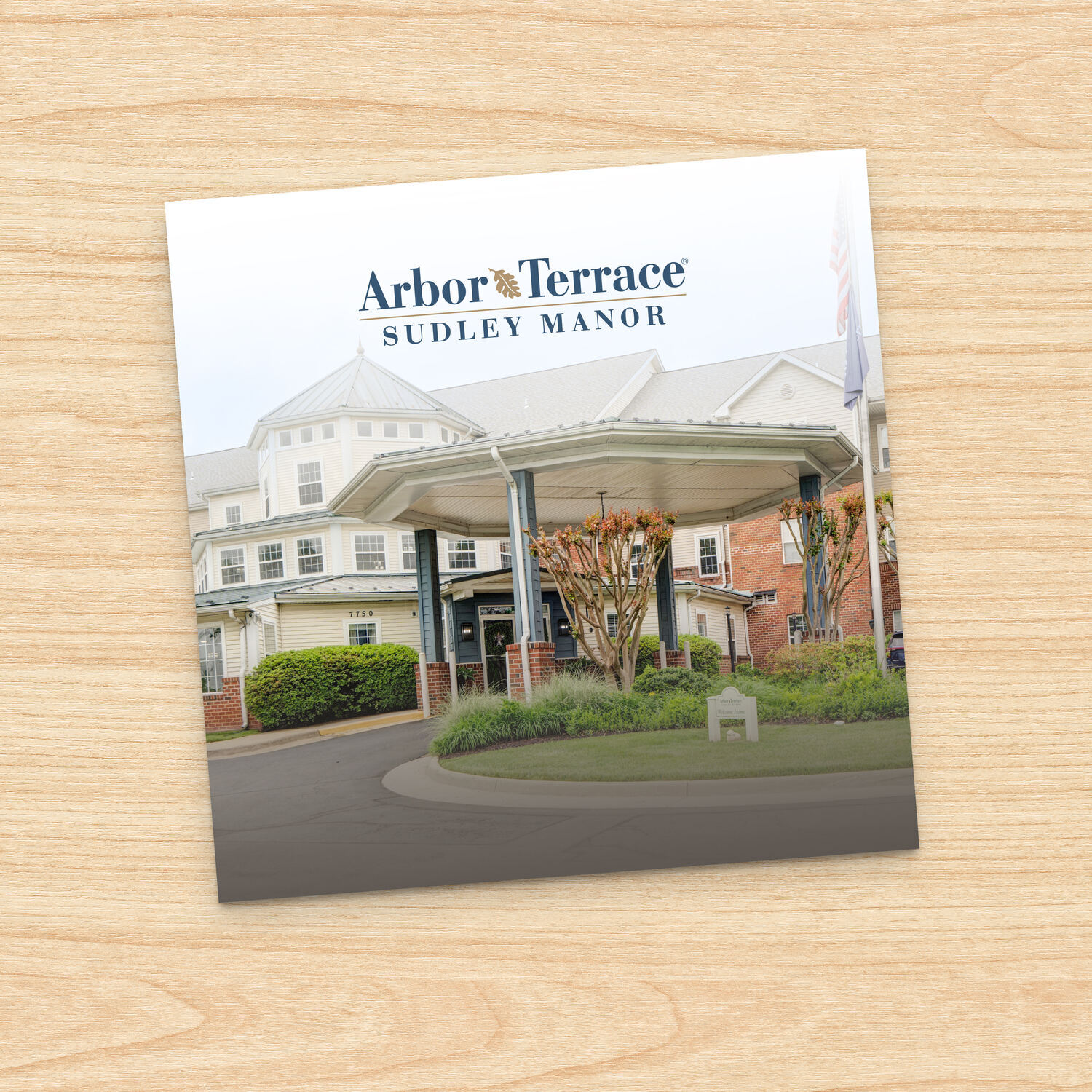 Cover image of the Arbor Terrace Sudley Manor brochure resting on a light wood surface, showing the community's covered entrance, a flowering tree, and a landscaped drive, for assisted living and memory care in Manassas, VA.