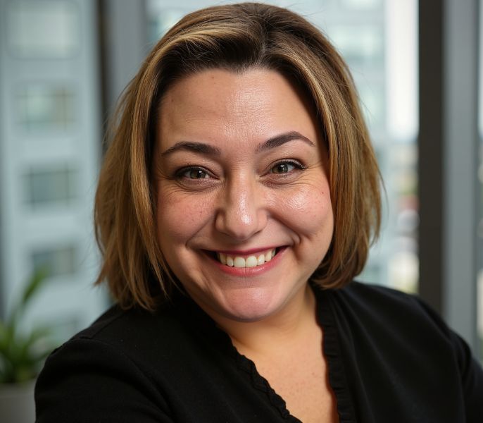 Jocelyn Newhall, Community Sales Director at Arbor Terrace Highland Park, shares a bright smile in a black top beside a sunny window, part of the team sharing senior living resources on Chicago's North Shore and senior care Highland Park Illinois.