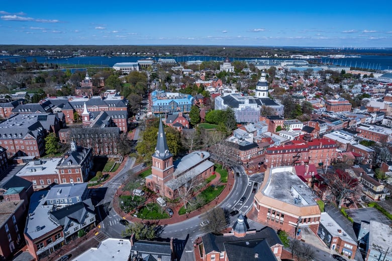 An aerial view of Downtown Annapolis, Maryland's historic waterfront capital just a short drive from assisted living in Gambrills, MD.