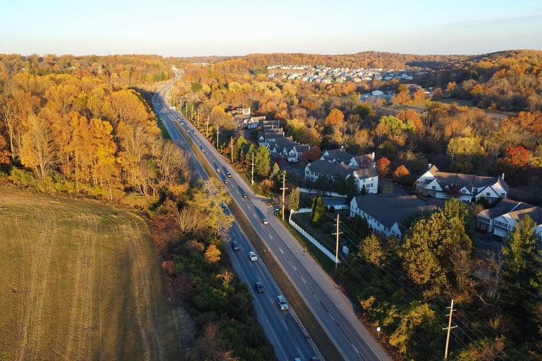 An aerial view of tree-lined roads and homes in Newtown Square, PA, a neighboring community near Arbor Terrace Willistown 55+ living West Chester PA.