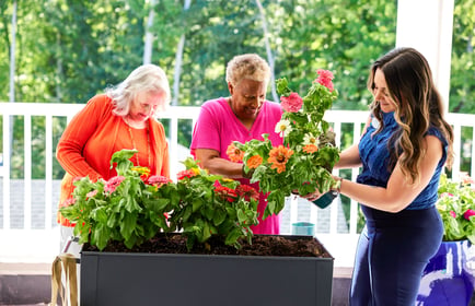 Two residents in orange and pink tops join a staff member planting vibrant zinnias and geraniums in a raised garden bed on a sunlit porch at Arbor Terrace Highland Park. This hands-on gardening reflects the nature-friendly, active senior lifestyle in Highland Park, IL.