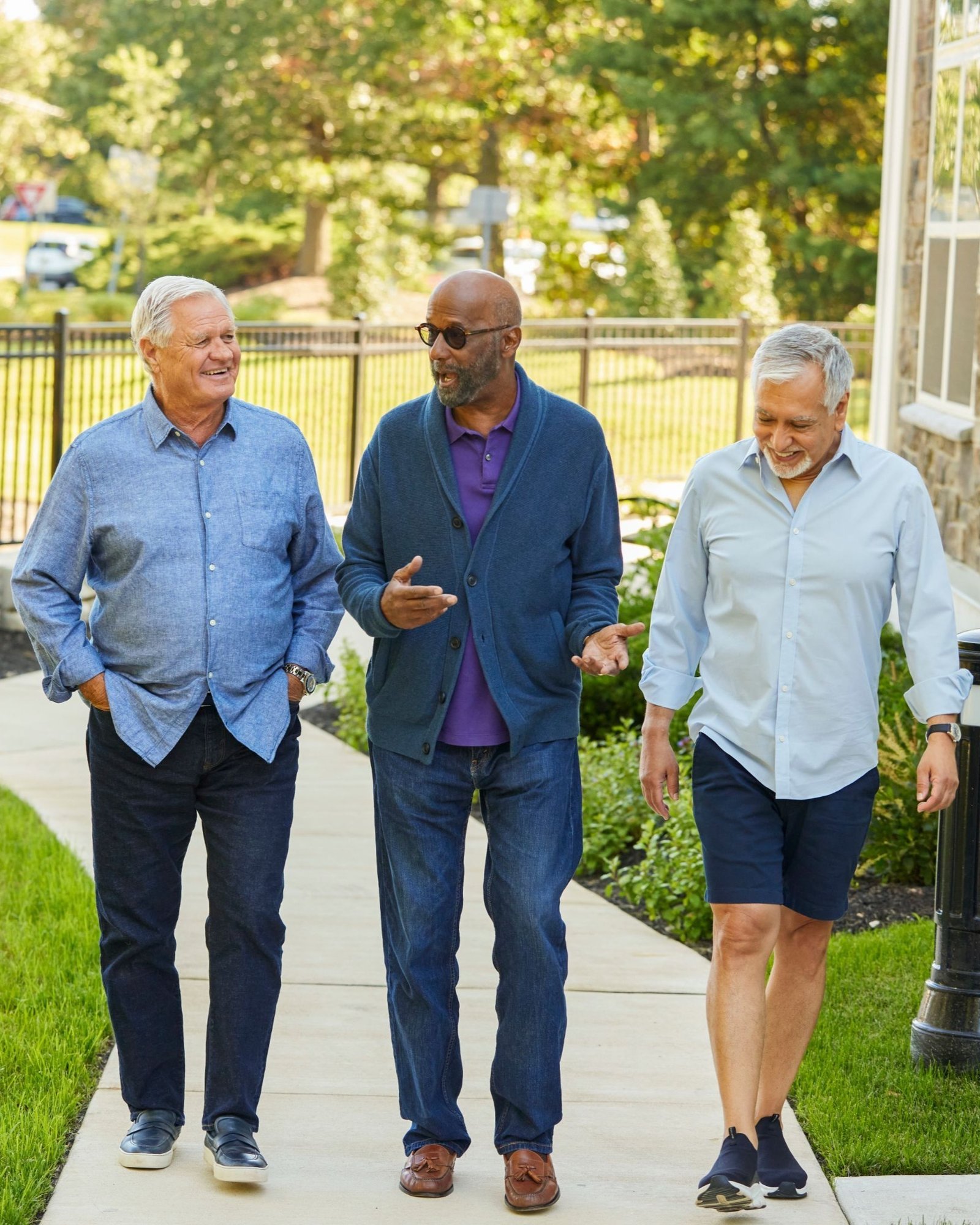 3 male seniors walking on path