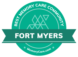 A teal and green badge recognizing Barrington Terrace as the Best Memory Care Community in Fort Myers, FL, celebrating the community's commitment to outstanding dementia care.