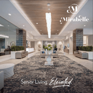 Bright, welcoming lobby at Mirabelle, a senior living community in Miami, FL, featuring modern décor, lush greenery, and an open, airy atmosphere.