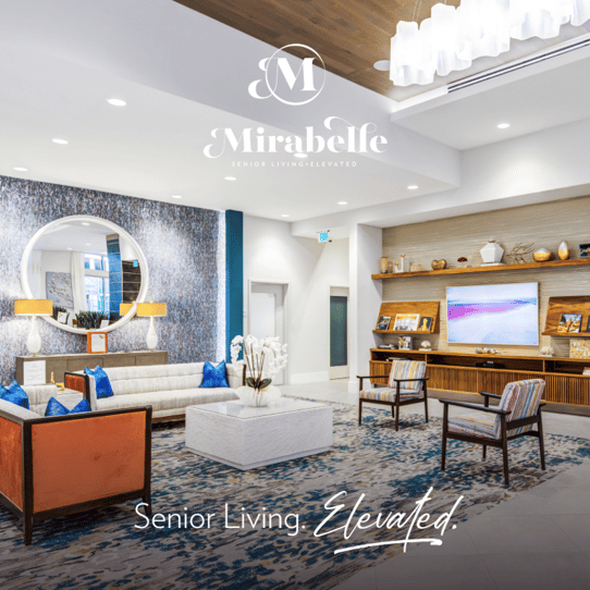 Cover of Mirabelle's brochure featuring a spacious, elegantly appointed lobby at Mirabelle, showcasing the warm and welcoming atmosphere of this premier senior living community in Miami, FL.