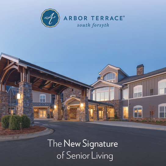 Cover of the Arbor Terrace South Forsyth digital brochure, showcasing the community's beautiful exterior at dusk, highlighting this premier assisted living community in Suwanee, GA.