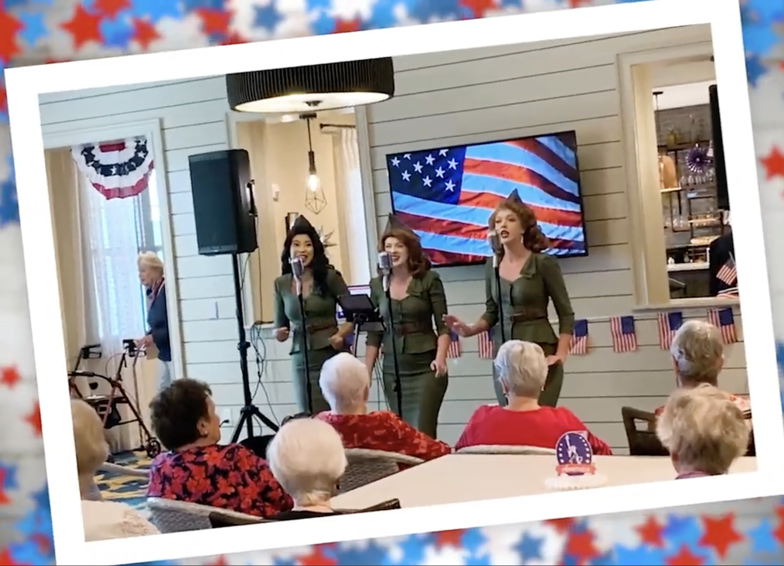 Residents enjoy a lively patriotic musical performance by entertainers in vintage attire, capturing the festive social events at senior living in Citrus Park, FL.