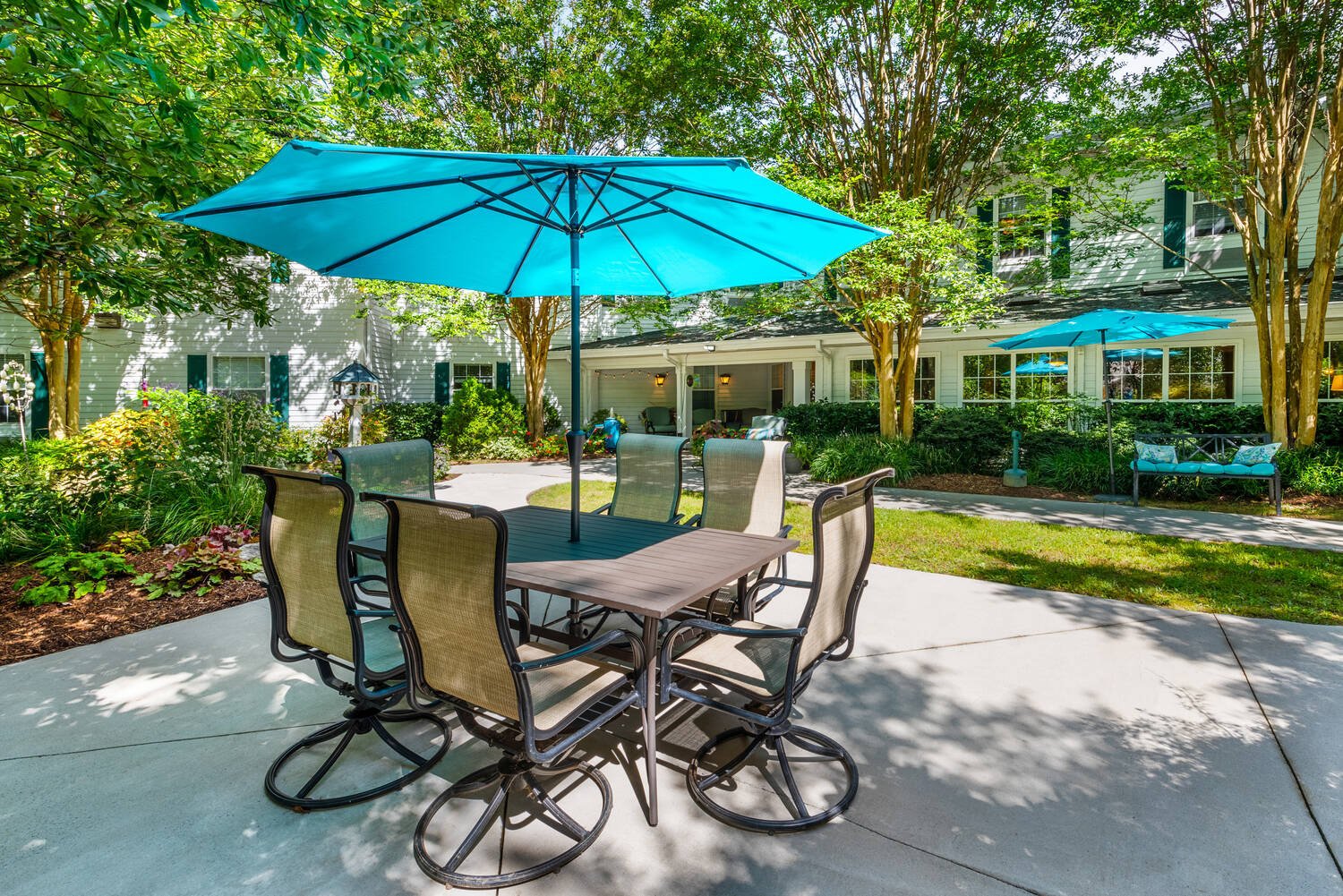 Arbor Terrace Asheville Patios area with an outdoor. table and blue umbrella. Greenery and the building is in the background.