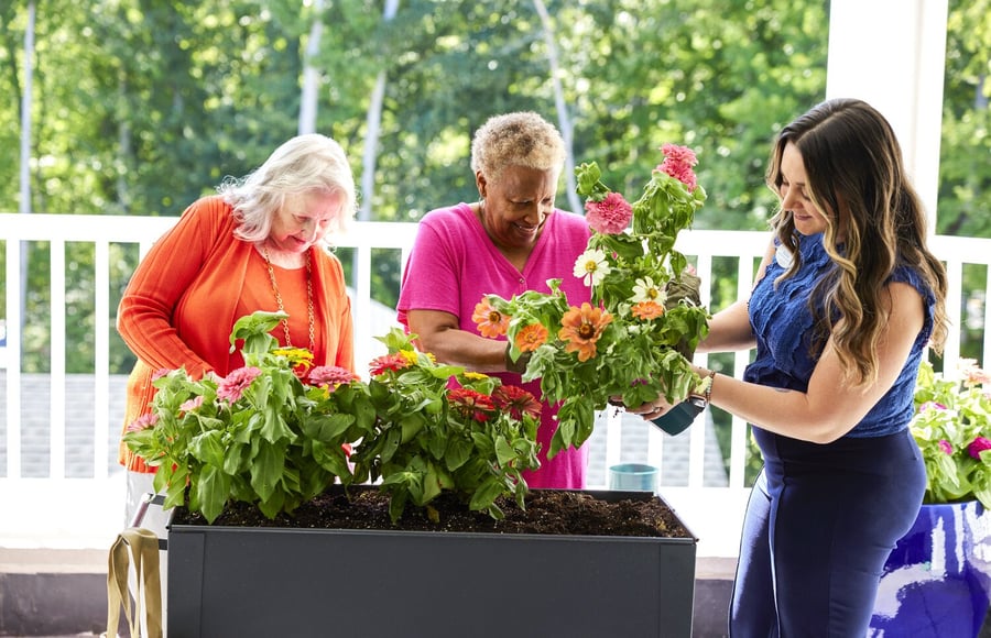 2 senior residents gardening with team member