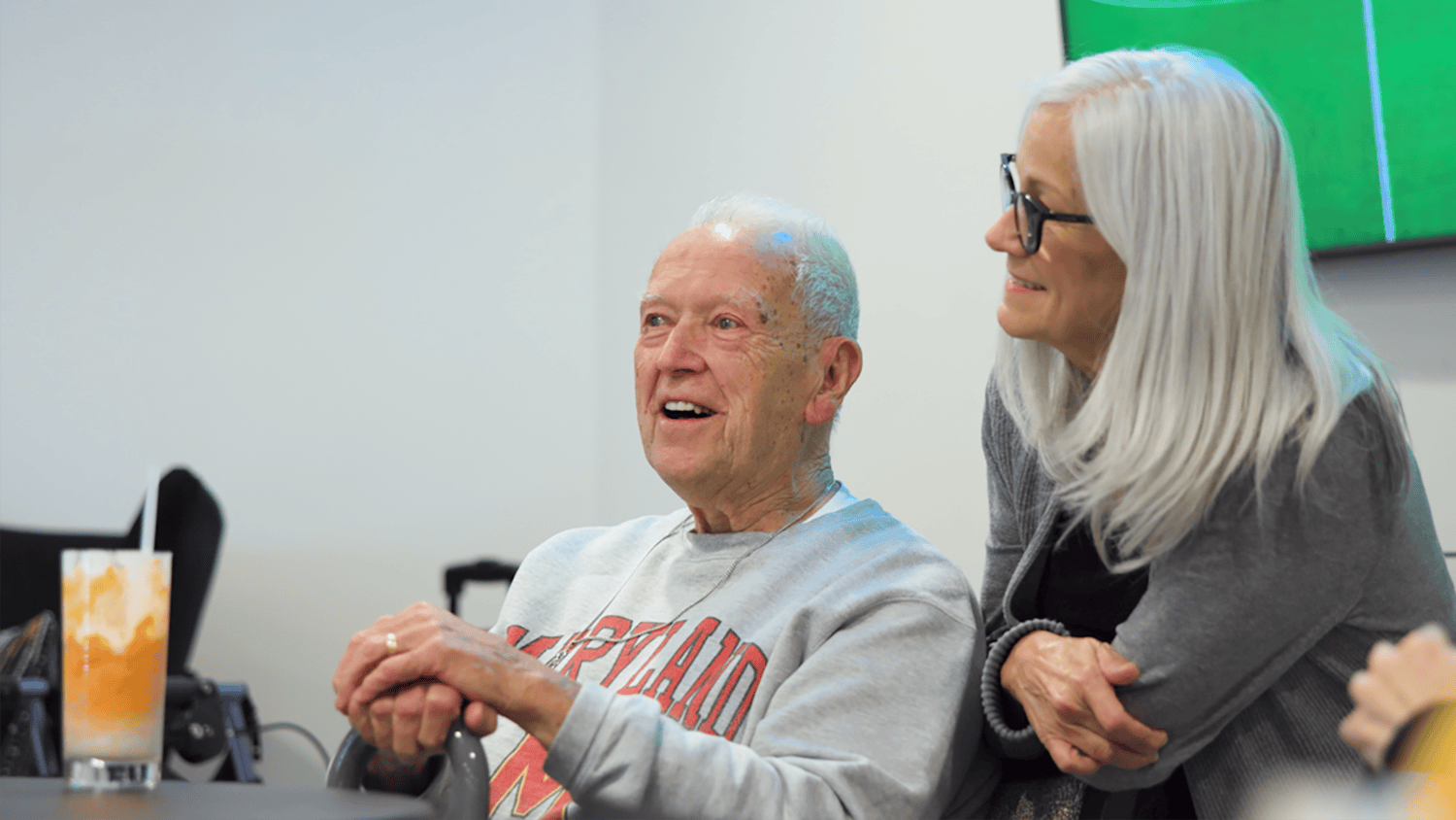 Arbor Terrace Marlton resident and staff member smiling 