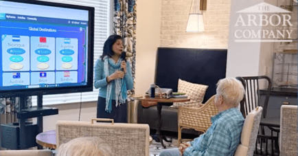 Volunteer woman in a blue shirt and scarf standing next to a trivia screen holding a microphone. Residents in blue shirt sitting in a grey chair in front of her 