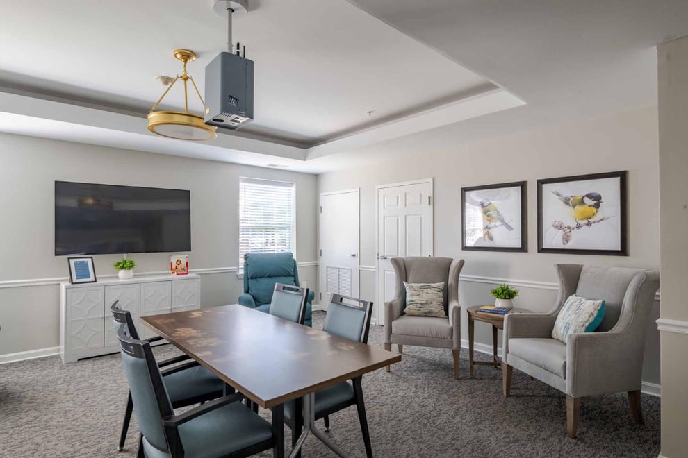 Common area with grey walls and carpeted floors. Television mounted on the wall with a cabinet underneath. Table with chairs, and arms chairs. Paintings of birds on the wall. 