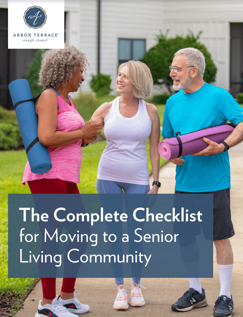 A booklet titled 'The Complete Checklist for Moving to a Senior Living Community,' a helpful guide for families considering assisted living in Gambrills, MD.
