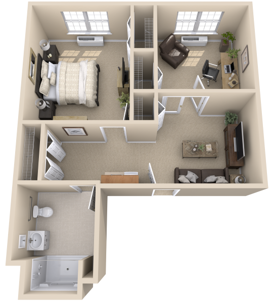 Floor plan of a one-bedroom, one-bathroom assisted living apartment with a den at this senior living community in Lanham, MD, providing extra space for residents.