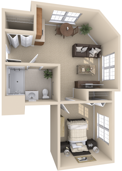 Floor plan of a one-bedroom, one-bathroom assisted living apartment at this senior living community in Lanham, MD, offering residents a comfortable and private space.