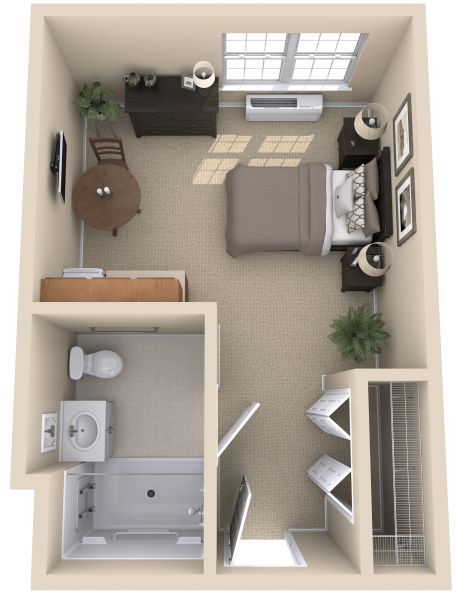 Floor plan of an assisted living studio with one bathroom at this senior living community in Lanham, MD, designed to offer comfort and ease for residents.