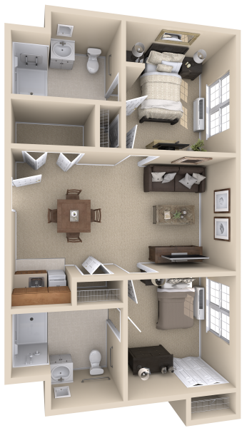 Floor plan of a two-bedroom, two-bathroom assisted living apartment at this senior living community in Lanham, MD, ideal for residents seeking more space and comfort.